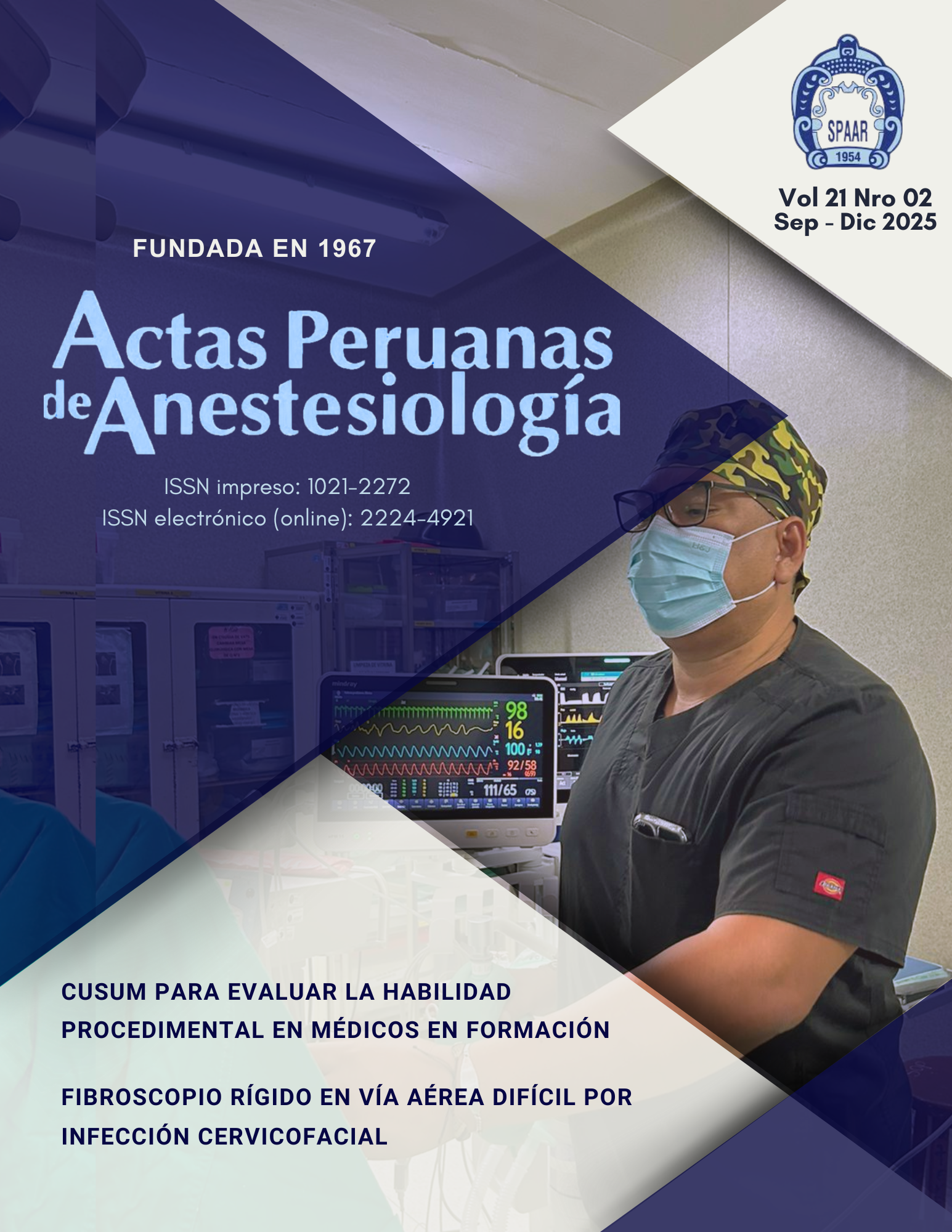 Dentro de los objetivos de Actas Peruanas de Anestesiología se encuentra valorar y visibilizar el trabajo del anestesiólogo peruano. En ese sentido, buscamos que cada una de nuestras portadas represente el quehacer profesional de los médicos anestesiólogos del país. En esta oportunidad, la portada rinde homenaje al Hospital Nacional Hipólito Unanue, cuya trayectoria y experiencia en cirugía torácica constituyen un referente de gran importancia para la comunidad anestesiológica. En la imagen de portada se aprecia al Dr. Fidel Ayme durante la realización de un procedimiento anestésico.